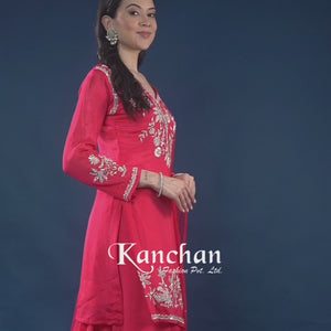 Red Chinon Palazzo Suit Set with Cutdana and Sequins Embroidery
