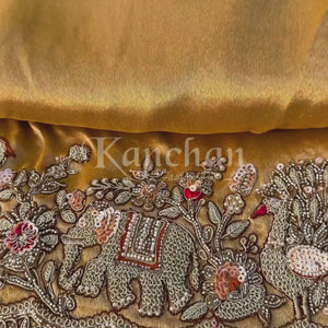 Golden Tissue Saree Embellished With Moti, Zari, Sequins & Cut Dana Work