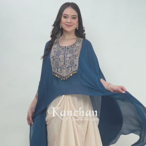 Blue Chinon Indo Western with Cutdana and Sequins Embroidery