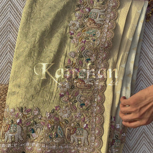 Muted Olive Gold Tissue Silk Saree Embellished with Zari, Cutdana & Zarkan Work