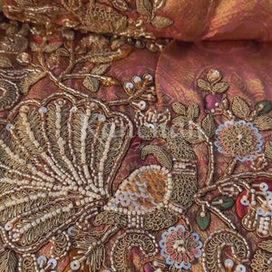 Fawn Tissue Unstitched Saree Embellished With Moti, Sequins, Zari & Cutdana Work