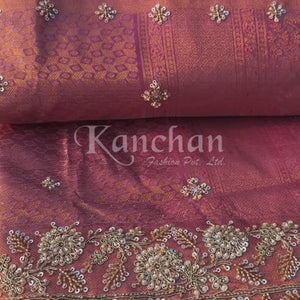 Peach Tissue Unstitched Saree Embellished With Sequins, Thread, Zari, Moti & Cutdana Work
