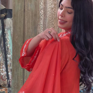 Orange Chinon Indowestern Top,Bottom and Dupatta with Swarovski,Sequins and Pearl Work