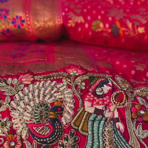 Red Georgette Unstitched Saree Embellished With Thread, Sequins, Zari, Moti & Cutdana work