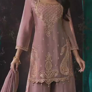 Dusty Rose Chinon Suit Embellished With Cutdana & Sequins Work