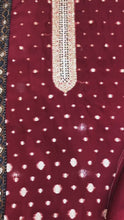 Load and play video in Gallery viewer, Maroon Organza unstitched Banarsi Suit With Hand Embroidery
