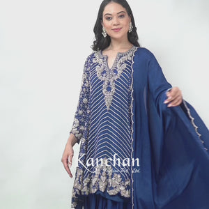 Navy Blue Chinon Indo Western with Cutdana, Sequins and Pearl Embroidery