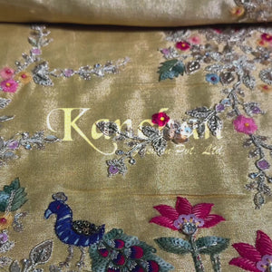 Yellow Tissue Unstitched Saree With Zari, Thread & Sequins Work