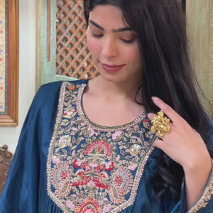Blue Silk Indowestern Kaaftan and Bottom with Resham Thread and Dabka Work