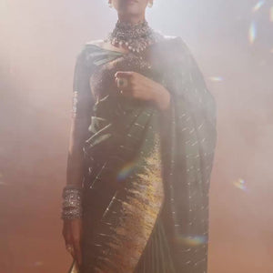 Bottle Green Silk Satin Saree with Swarovski Work