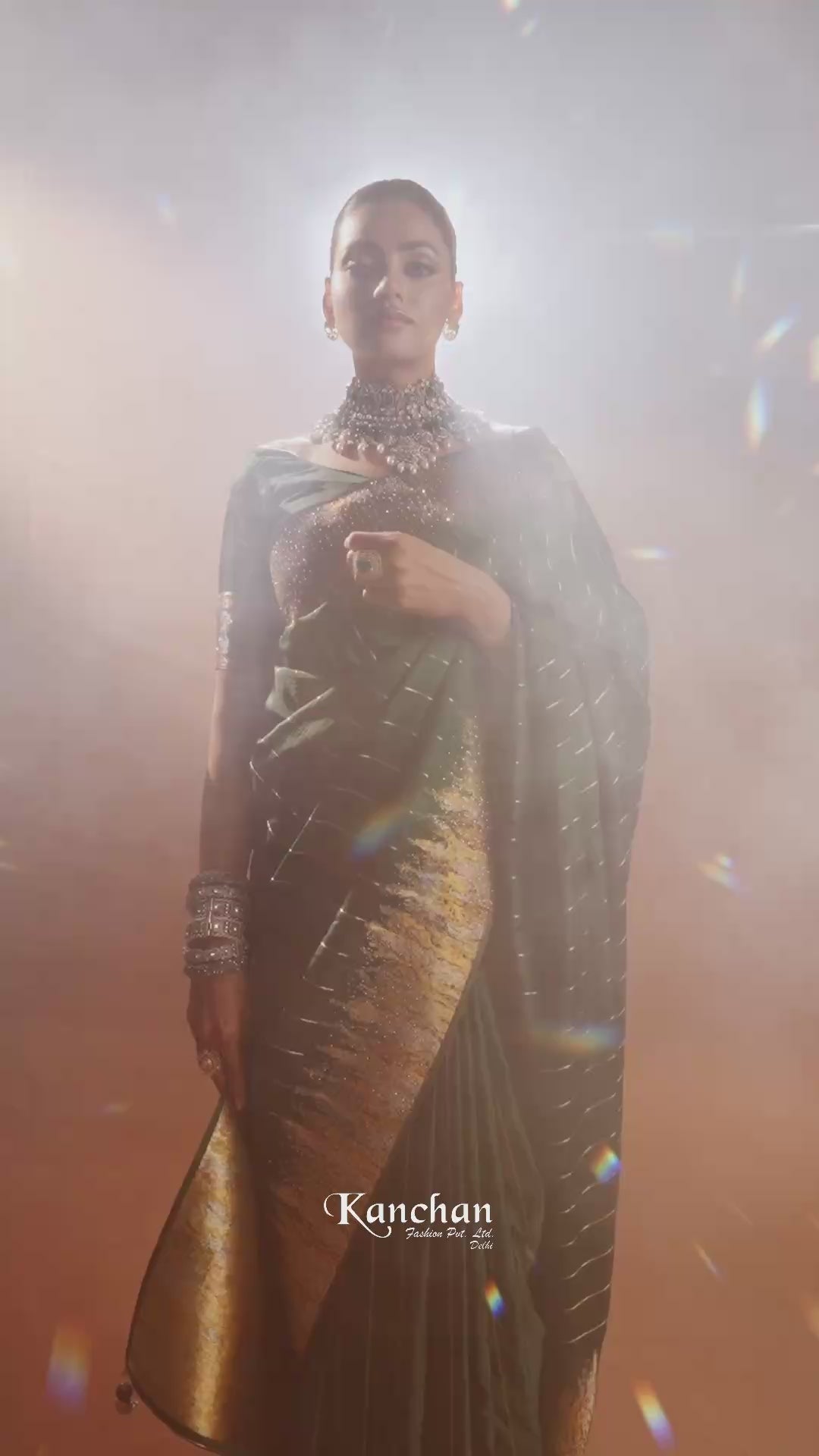 Bottle Green Silk Satin Saree with Swarovski Work