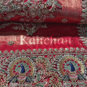 Orange Banarasi Silk Unstitched Saree with Dupatta Embellished with Moti & Zari Work