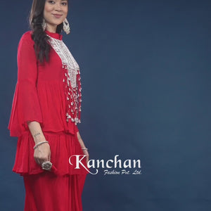 Red Chinon Peplum Suit Set with Cutdana, Sequins and Pearl Embroidery