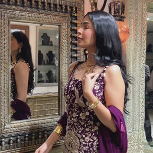 Purple Georgette Indowestern Top and Bottom with Resham,Cutdana, Pearl and Sequins Work and Dupatta
