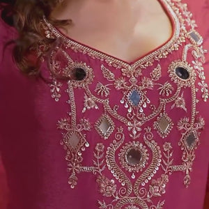 Cherry Red Chinon Suit Embellished With Cutdana, Sequins & Mirror Work