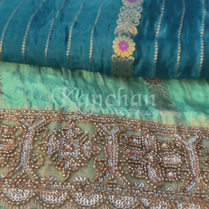 Peacock Green Silk Unstitched Saree Embellished With Moti, Sequins & Cutdana Work
