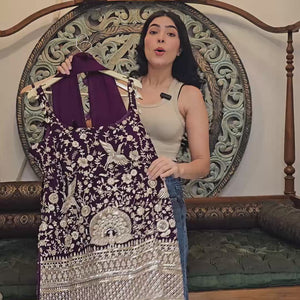 Purple Georgette Indowestern Top and Bottom with Resham,Cutdana, Pearl and Sequins Work and Dupatta