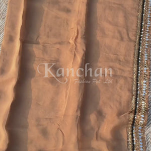 Beige Organza Saree & Net Blouse Embellished With Stone, Moti, Mirror & Kundan Work