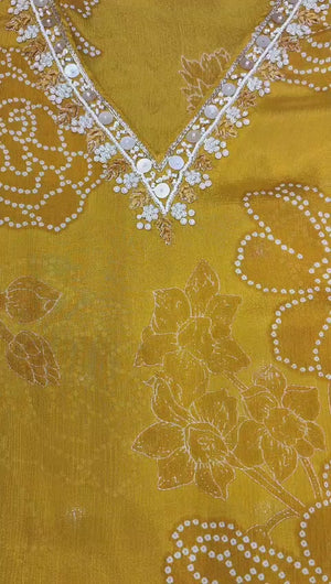 Mustard Chinon Crape Semi-Stitch Suit With Handwork And Lacework