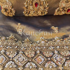 Dusty Brown Green Tissue Saree Embellished With Moti, Sequins & Cut Dana Work