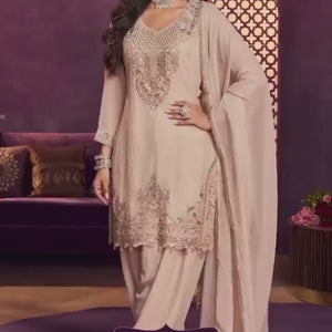 Chiku Tissue Suit, Farshi Salwar And Dupatta with Cutdana, Sequins and Zari Work