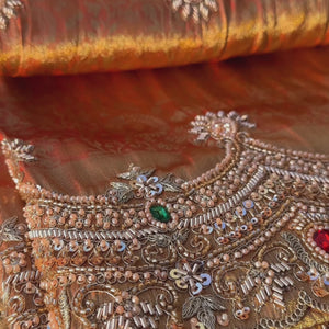 Rust Tissue Unstitched Saree Embellished With Moti, Sequins, Dabka & Cutdana