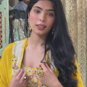 Yellow Chinon Indowestern Top,Jacket and Bottom with Resham Thread and Pearl Work