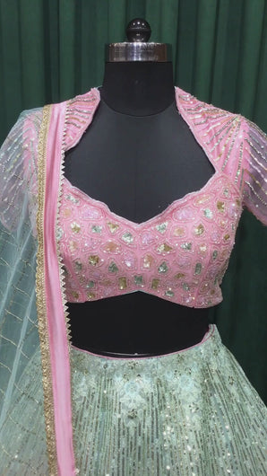 Pink Net Lehengas With Sequins and Japanese Cut Dana