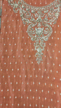 Load and play video in Gallery viewer, Orange Shimmer Unstitched Suit With Sequins and Zari Work
