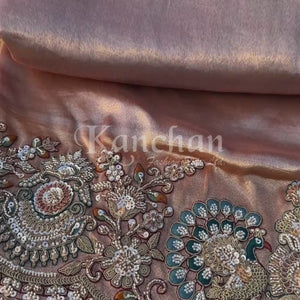 Beige Tissue Unstitched Saree Embellished With Sequins, Dori, Dabka & Cutdana Work