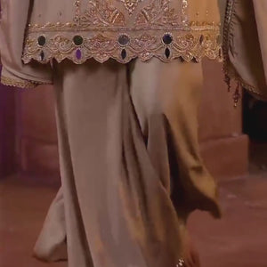 Ash Beige Chinon Suit, Sharara And Dupatta with Zari, Cutdana, Sequins and Mirror Work