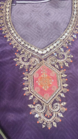 Purple Crape Semi-Stitch Suit With Golden Embroidery