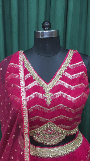 Cherry Red Wrinkle Georgette Lehenga With Sequins, Pulse, and Cut Dana