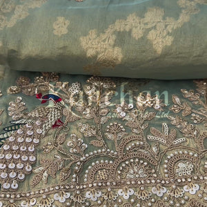 Sage Green Pure Tissue Banarasi Unstitched Saree with Sequins, Zari, Moti & Dori Work