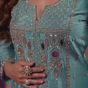 Dusty Teal Blue Chinon Suit, Sharara And Dupatta with Zari, Cutdana, Sequins and Mirror Work