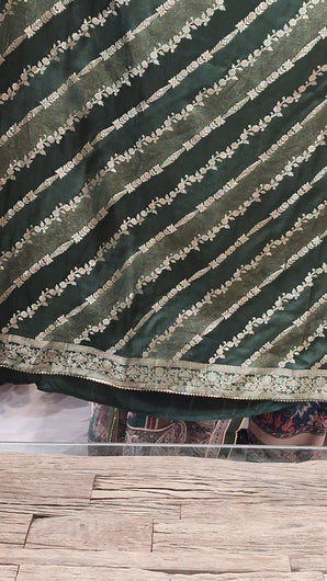 Green Banarsi Silk Unstitched Suit With Dabka Outlining On Neckpatti