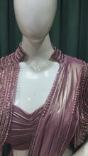 Load and play video in Gallery viewer, Rose Gold Shimmer Lycra Drape Saree With Japanese Cut Dana And Pearl Work
