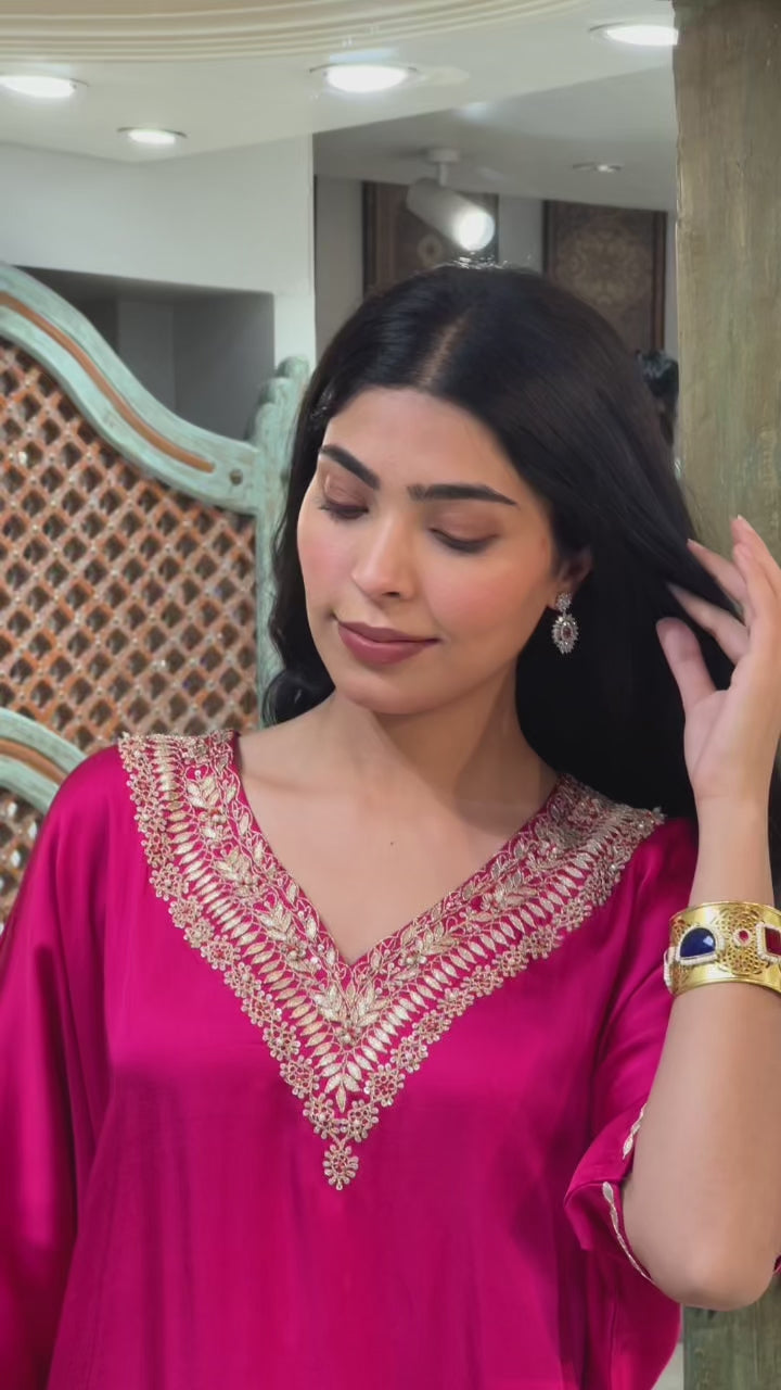 Ombre Pink Satin Crepe Indowestern Kaaftan and Bottom with Gota and Pearl Work