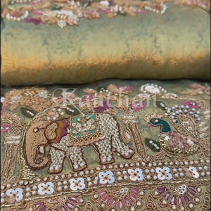Green Brocade Unstitched Saree Embellished With Moti, Sequins, Cutdana, Thread& Jarkan Work