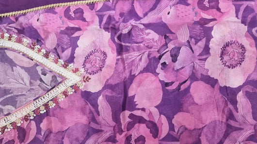 Purple Chinon Crape Semi-Stitch Suit With Hand Embroidery