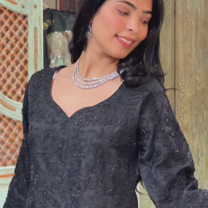 Black Organza Indowestern Top,Bottom and Dupatta with Cutdana and Dori Work