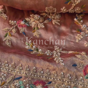 Pink Tissue Saree Embellished With Moti, Thread, Sequins & Cut Dana Work