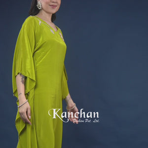 Green Crepe Indo Western with Cutdana, Sequins and Pearl Embroidery