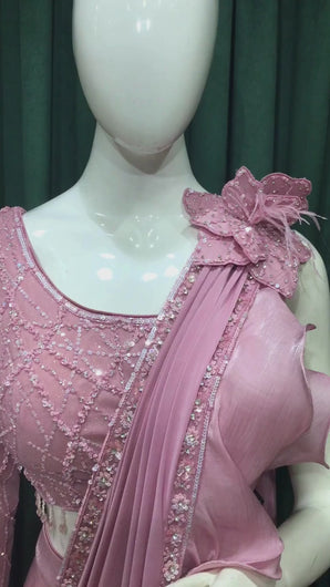 Pink Drape Saree Tissue Organza Raffle With Sequins and Cut Dana Work