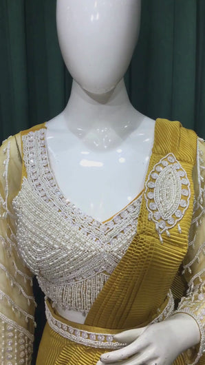 Mustard Drape Wrinkle lycra Saree With Sequins and Pearl Work