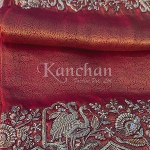 Rani Brocade Unstitched Saree Embellished With Zari, Moti & Cutdana Work