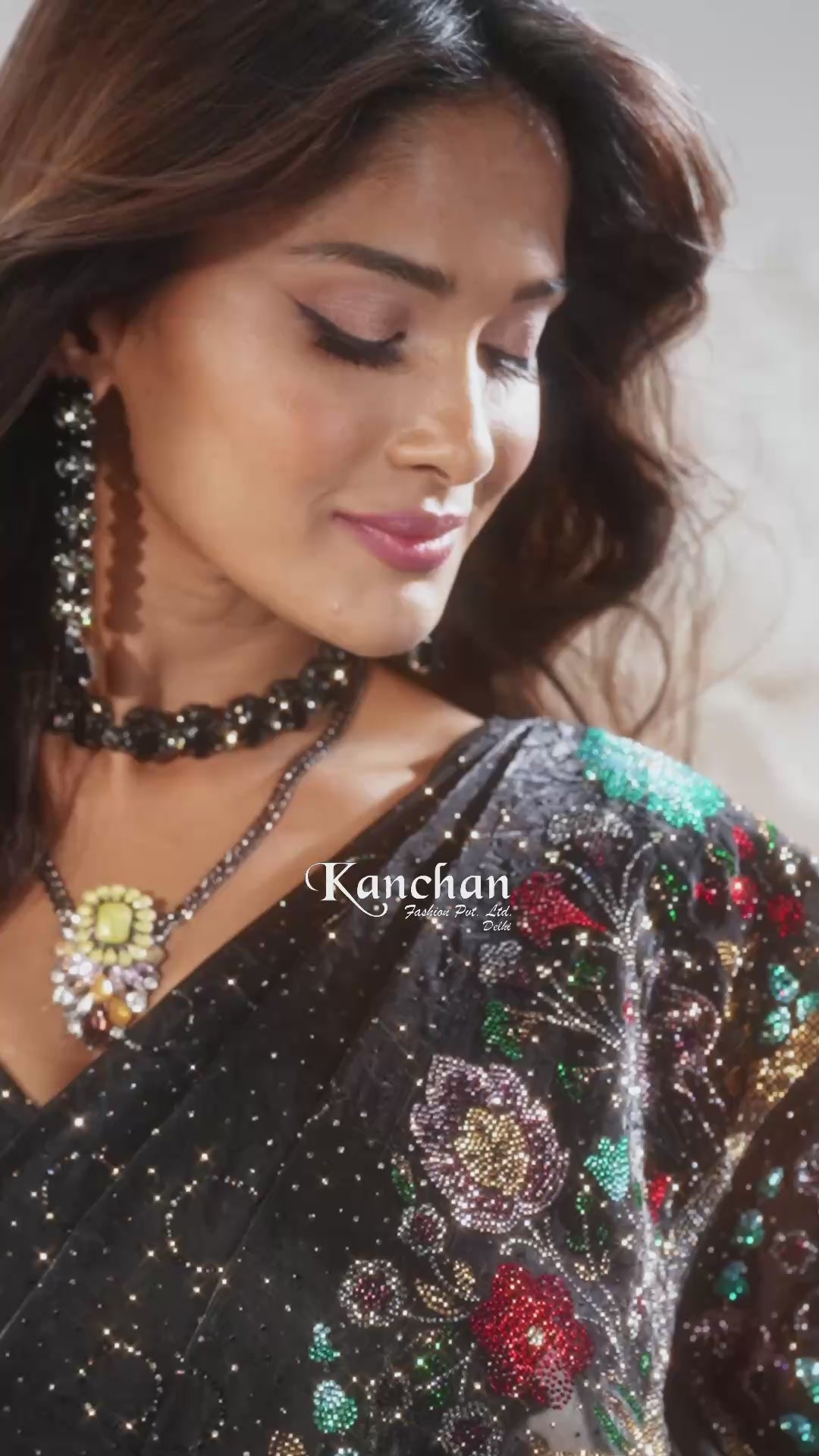 Black Satin Organza Saree with Swarovski Work