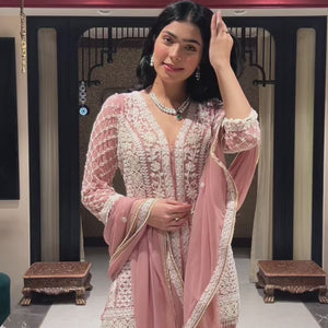 Peach Georgette Indowestern Top and Bottom with Pearl and Thread Work with Dupatta