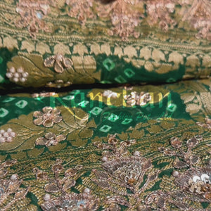 Green Pure Georgette Bandhej Unstitched Saree with Gota, Dabka & Dori Work
