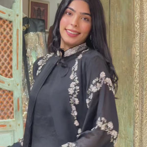 Black Chinon Indowestern Top,Jacket,Bottom and Dupatta with Sequins and Cutdana Work